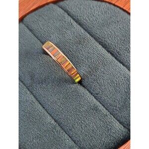 Sterling Silver Opal Inlay Band Ring 925 Size 6.5 Rainbow Mosaic Stackable Boho